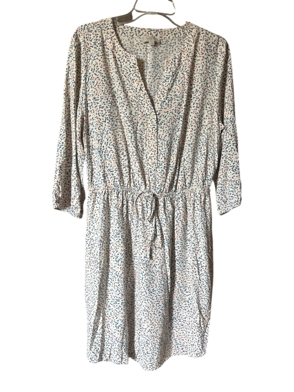 LOFT Cream Drawstring Shirt Dress with Blue and Rust Speckle Print